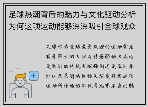 足球热潮背后的魅力与文化驱动分析为何这项运动能够深深吸引全球观众